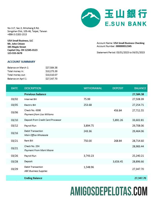 Em branco E.SUN Commercial Bank Business Statement modelo Word e PDF